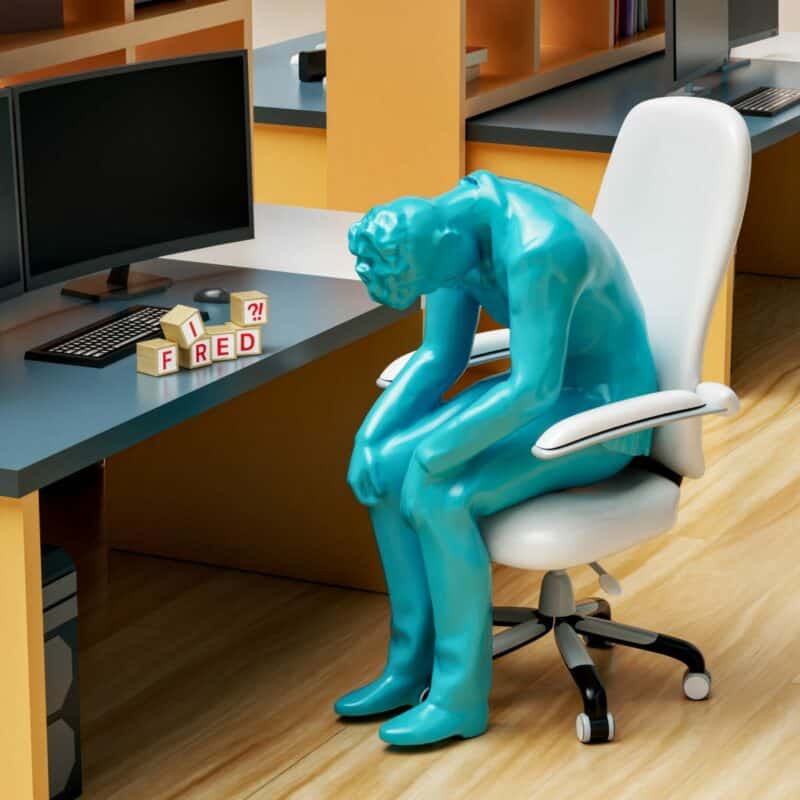 Figure in office looking sad